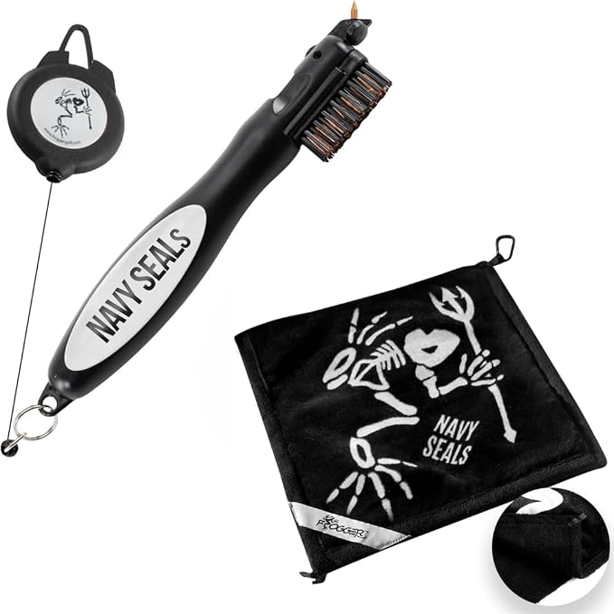 Frogger BrushPro and Amphibian Towel Bundle - Golf Brush and Groove Cleaner with Ergonomic Grip and Golf Club Wet/Dry Towel - Golf Course Essentials, Navy Seals