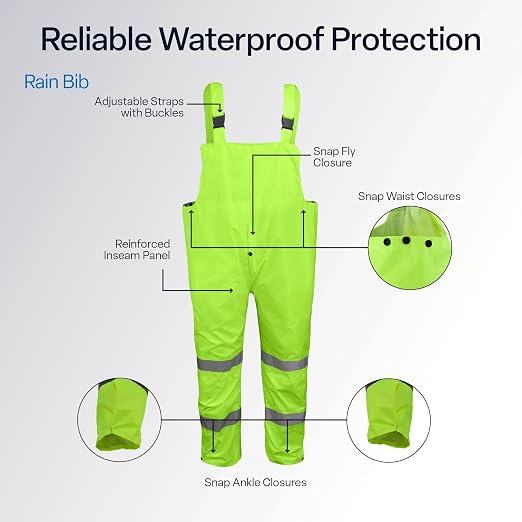 GGS Three-Piece Rain Suit - High Visibility, Waterproof Bibs and Jacket with Detachable Hood, Lightweight Rainwear for Construction, Camping, Hiking, Fishing Gear