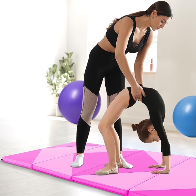 Goplus Gymnastics Mat, Folding Tumbling Mat with Carry Handles, Hook & Loop Fasteners, 4 Panels for Fitness Exercise Yoga Stretching Aerobics Workouts, Thick Gym Mats for Home