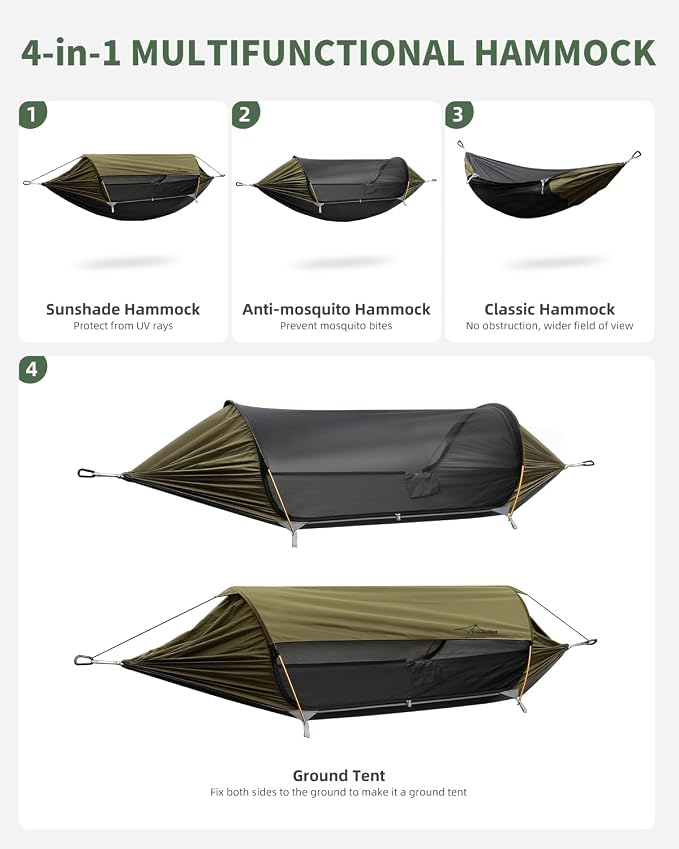 Camping Hammock Tent with Mosquito Net and Removable Sunshade, 4 in 1 Function, Lightweight Hanging Hammocks Tree Straps Swing, Bivvy Ground Tent for Outside, Hiking, and Travel