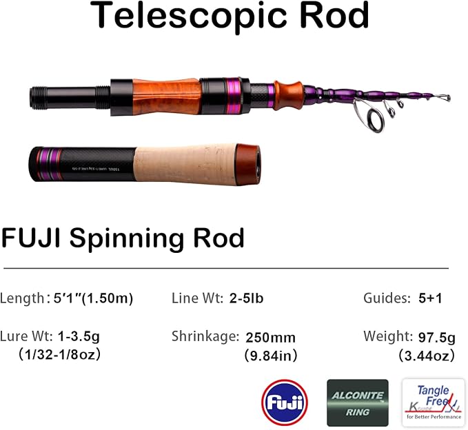 PURELURE Telescopic Fishing Rod Spinning & Casting Travel Rod Ultralight 5' | Fuji Alconite Ring, Detachable Handle Closed Length 9.8in, Spare Carbon Solid Tip, Solid Wood Reel Seat, Cork Handle