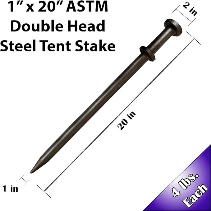 TentAndTable Double Head Metal Tent Stakes Heavy Duty Steel Ground Stake, Versatile Spikes to Anchor Commercial Inflatables, Event Party Tents, and Outdoor Camping Shelters, 1 x 20 Inch, 100 Pack