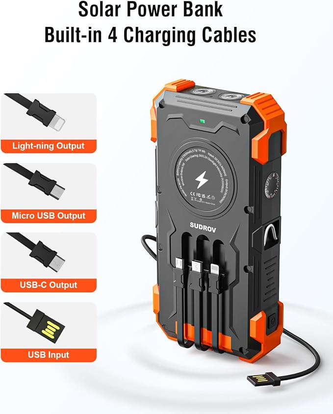 Solar Power Bank 20000mAh with Built-in 4 Cables, Wireless Portable Charger USB-C 3A Fast Charging for iPhone Samsung, Battery Pack with Flashlight, Thermometer, Solar Charger for Camping Travel