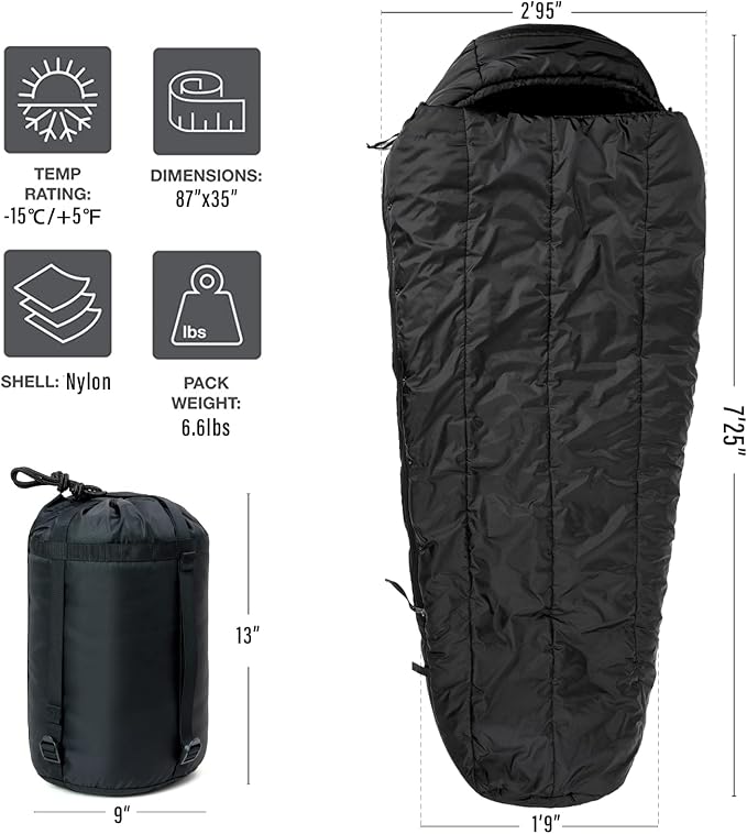 MT Military Patrol/Intermediate Sleeping Bag, Part of 4 Piece Army Modular Sleep System for All Season Olive Drab/Black