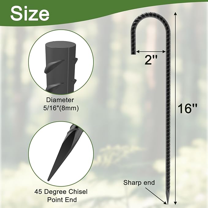 16 Inch J Hook Rebar Stakes 20 Pack, Heavy Duty 5/16" Diameter Black E-Coated Steel Wind Resistant Ground Anchors for Tent, Trampoline, Bounce House, Dog Kennel, Chain Link Fence & Gazebo