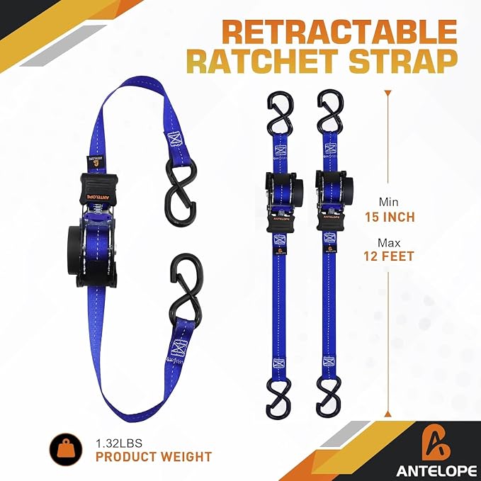 Retractable Ratchet Straps (2PK) - 1 in x 12 ft Automaitc Ratchet Tie Down Straps with Soft Loops, 1500lb Break Strength Self Retracting Strap for Motorcycle, Truck, Cargo, Trailer, ATVs, UTVs -Blue