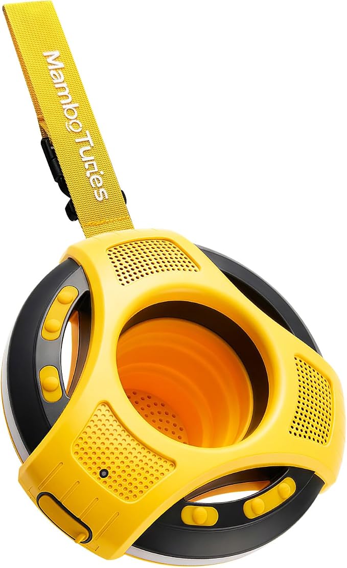 Mambobaby Float Bluetooth Speaker with Foldable Cup Holder, IPX7 Waterproof Bathroom Speaker, 360° Surround Sound, Colorful LED Lights, Dual Speakers, Ideal for Pool, Beach & Outdoor Use-Yellow Black
