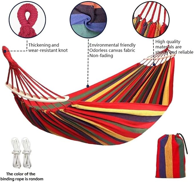 Cotton Canvas Hammock, Comfortable Fabric Camping Hammock with Tree Straps, Up to 440lbs with Travel Bag for Camping Outdoor/Indoor Patio Backyard(Red, with bar)