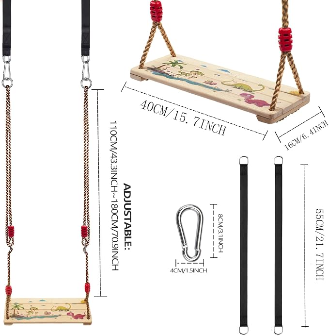 Wooden Swing Seat, Nostalgic Outdoor Wood Swing for Kids Adults, Tree Straps Set Accessories for Backyard Patio Garden Playground, Height Adjustable (Beige)