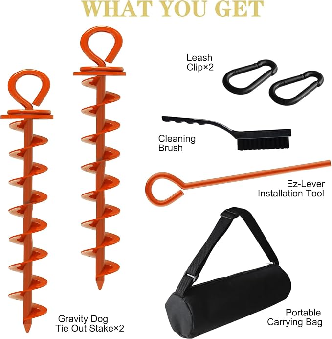 Eurmax USA 2-Pack Heavy Duty Dog Tie Out Stake, No-Tangle In Ground Anchor Runner for Large Dogs up to 210 Lbs - Perfect for Yard, Beach and Camping (Large,Orange)