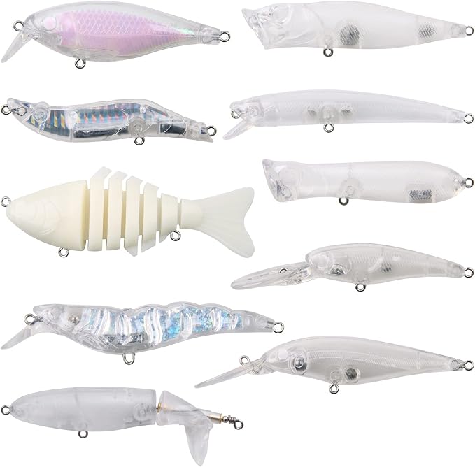 Unpainted Fishing Lures Making Kit DIY Blank Lures Crankbaits Minnow Jerkbait Hard Bait Set with Treble Hooks, Split Rings, Lure Eyes Lure Making Supplies Make Your Own Fishing Lures
