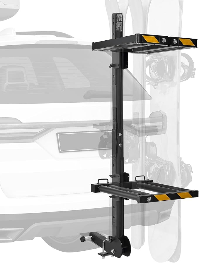 VEVOR Folding Hitch Mounted Ski & Snowboard Rack, Fits 2-Inch Receiver, Carries up to 6 Pairs of Skis or 4 Snowboards, Adjustable Hitch-Mounted Rack for Car with Key Lock, Security Strap, Tilt Access