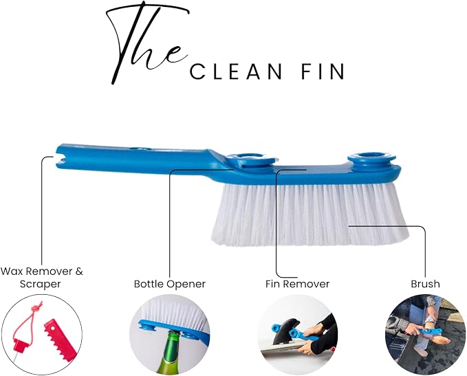 LISS The Clean Fin, Surfboard Fin Removal and Installation Tool, Sand Brush Remover for Beach, Bristle Brush with Leash String Included, Wax Remover & Scraper, Bottle Opener, Beach Accessorie (Blue)
