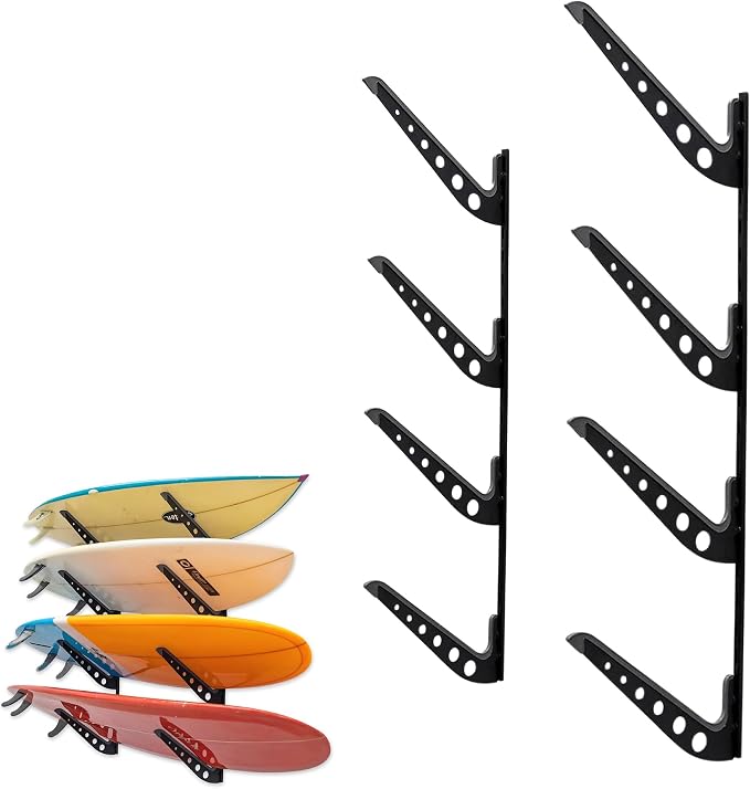 StoreYourBoard Adjustable Surfboard Storage Rack, 4 Board Wall Mount Display, Black