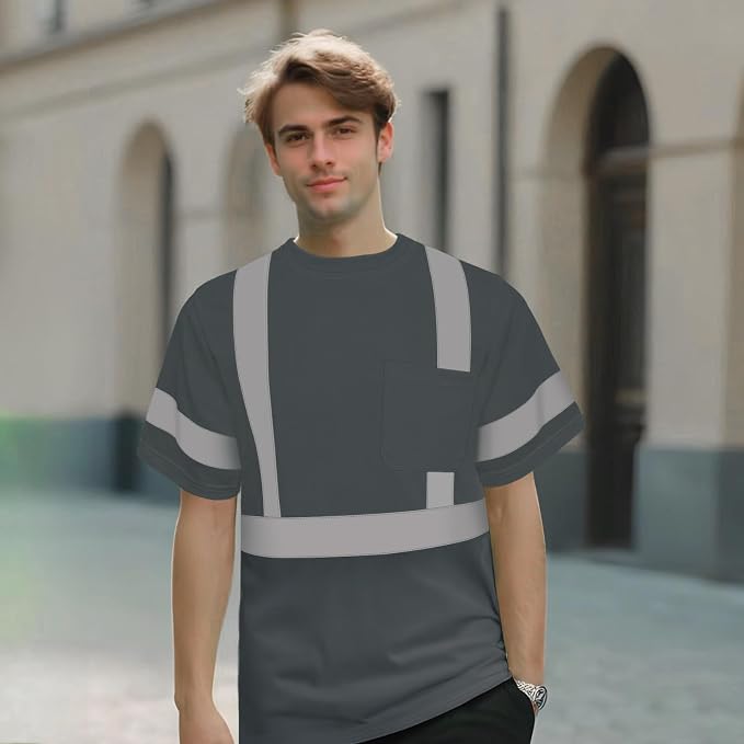 TCCFCCT High Visibility Shirt Class 3 Hi Vis Shirts for Men, Short Sleeve Work Shirts for Men, Safety Shirts for Men Construction, Durable & Breathable, DC-Dark Grey L