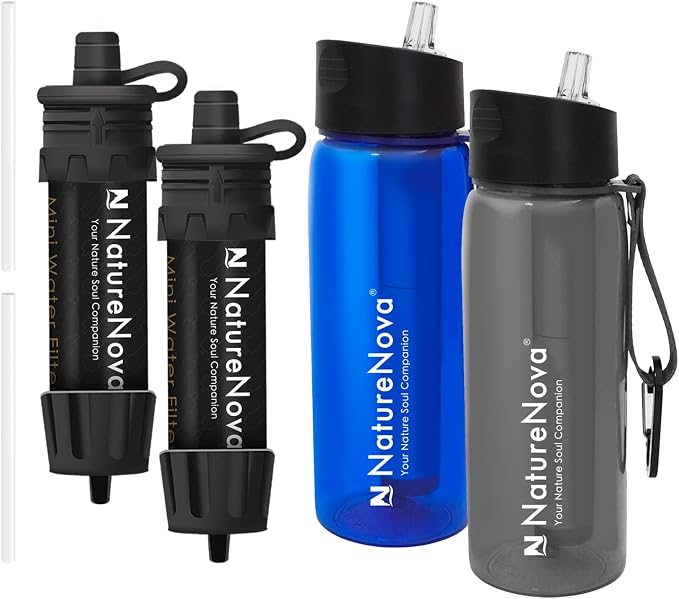 Mini Water Filter NatureNova Portable Emergency Water Filtration(2 Pack,Black) with Naturenova Water Filter Bottle(2 Pack Blue/Black)