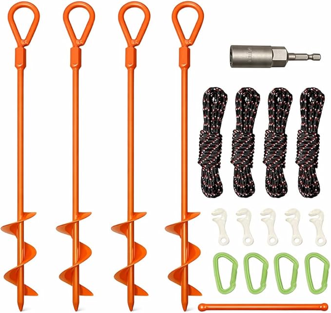 15" Screw-In Ground Anchors (4 Pack) – Heavy Duty Orange Trampoline Stakes, High Visibility Earth Augers with Drill Bit & Glow Carabiners for Canopy Tents, Carports & Swing Sets