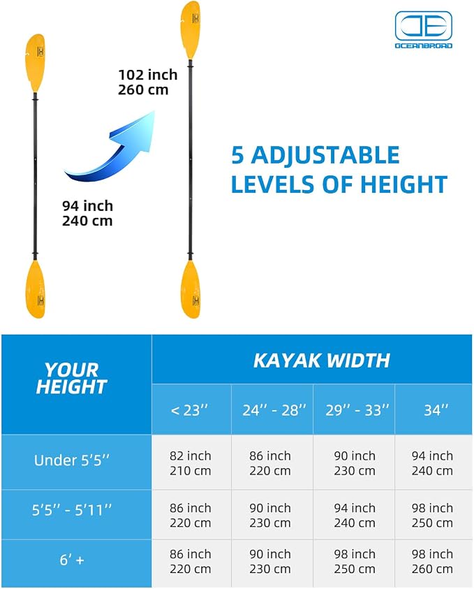 OCEANBROAD Adjustable Fishing Kayak Paddle - 94in/240cm-98in/250cm-102in/260cm Aluminum Alloy Shaft with Paddle Leash