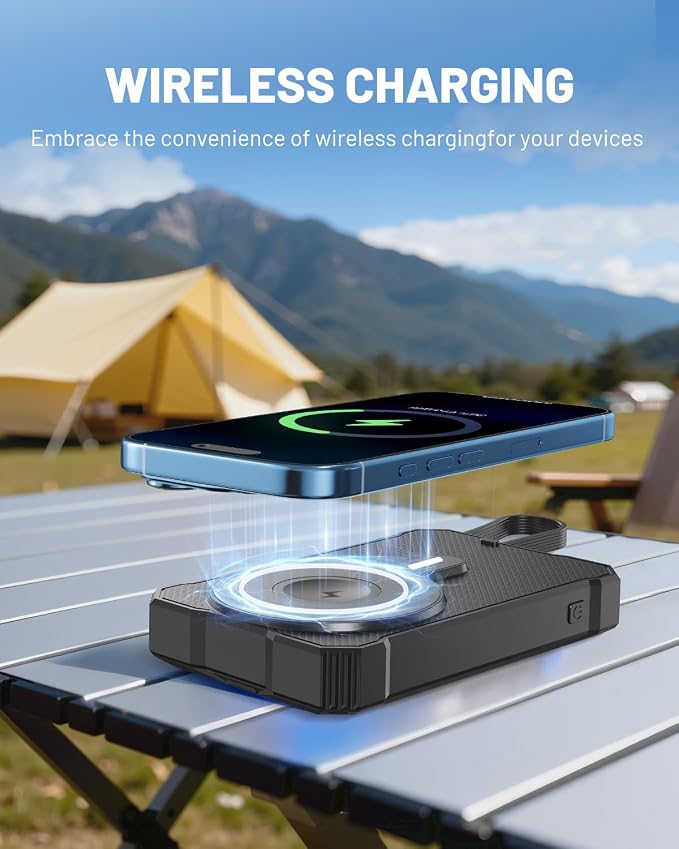 Solar Power Bank 10000mAh with 4 Panel Foldable Solar Charger,Portable Charger with 3 Built-in Cables, 15W Wireless Charging, USB-C in/Outputs, Emergency Flashlight for Outdoor Camping Hiking