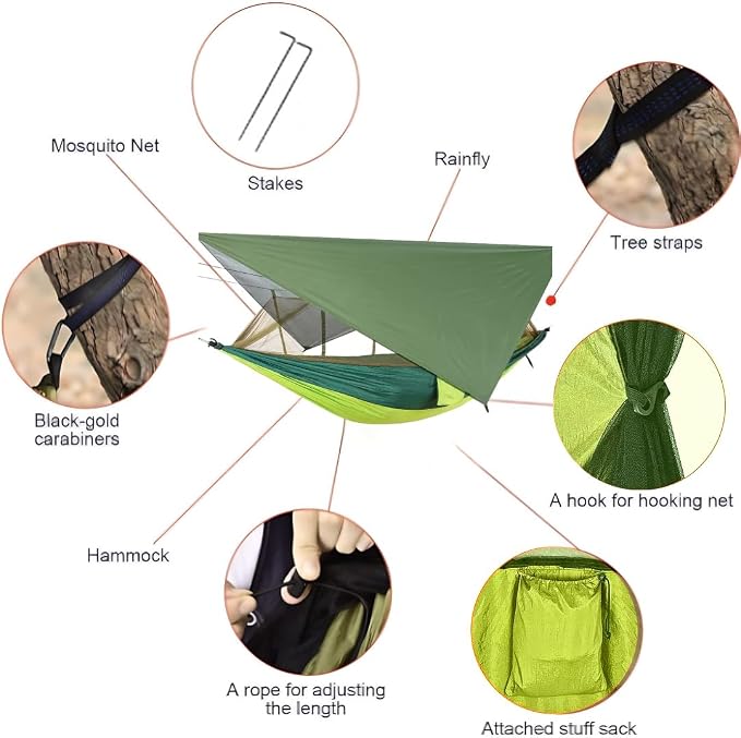 Double Camping Hammock with Mosquito Net and Rain Fly – Lightweight 3-in-1 Tent Setup for Outdoor Hiking, Travel, Patio & Backpacking – Portable Hammock for Adults with Tree Straps & Bug Net
