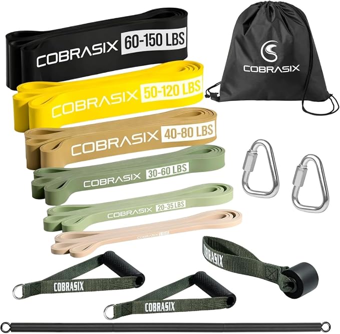 COBRASIX Long Resistance Bands for Working Out | Set of 6 Exercise Bands for Full-Body Training | Pull Up Bands for Home Gym with Handles, Door Anchor and Bar Options | for Men & Women