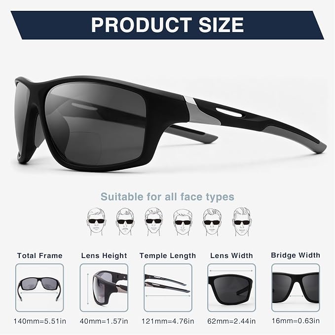 DEHOTRE 2 Pack Bifocal Reading Sunglasses Men Wrap Around Sports Sun Readers Outdoor Clear Top Soft Nose Pads PC Frame UV400