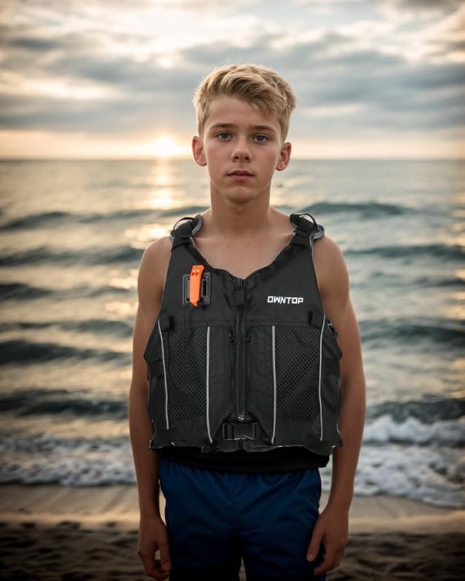 Owntop Swim Jacket Adult Youth | Hydration Pack | Dual Mesh Pockets | Attached Whistle | Ultra-Thin for Freer Movement | Kayak, Boating, Fishing, All Watersports
