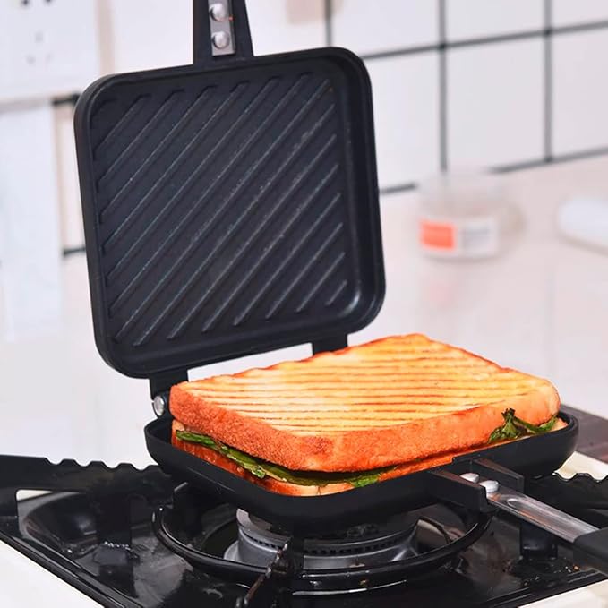 Double Side Sandwich Maker Camping Toastie Grilled Panini Maker Pan with Non-Stick Plates Aluminum Flip Cheese Makers Frying Pan Sandwich Toaster Press Waffle Makers for Kitchen Breakfast Camp