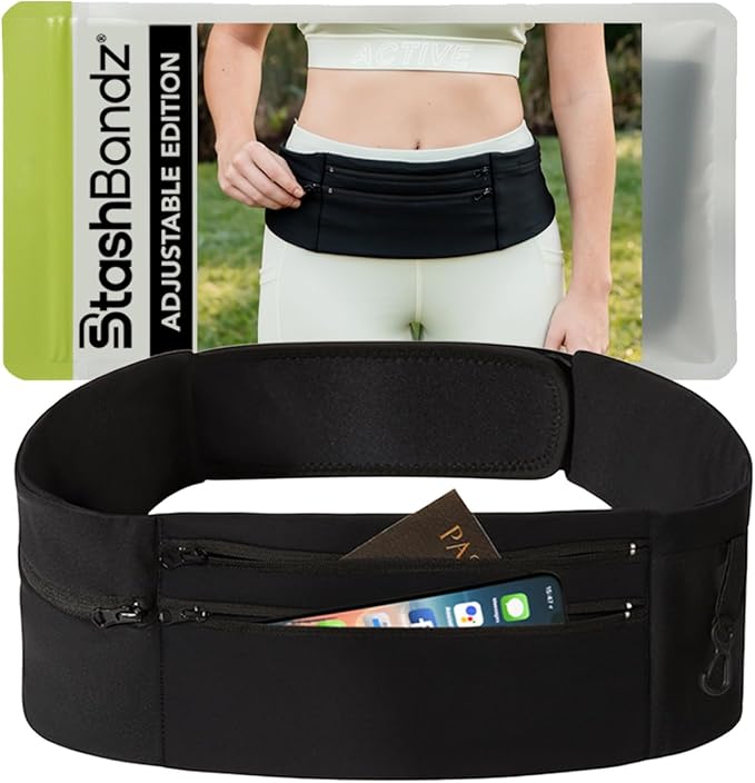 StashBandz Adjustable Running Belt and Travel Money Belt - 3 Large Zippered Pockets + Water Bottle Holder, No-Bounce Fanny Pack with Key Clip, Fits Any Size Phone, Passport & More, Black, Medium