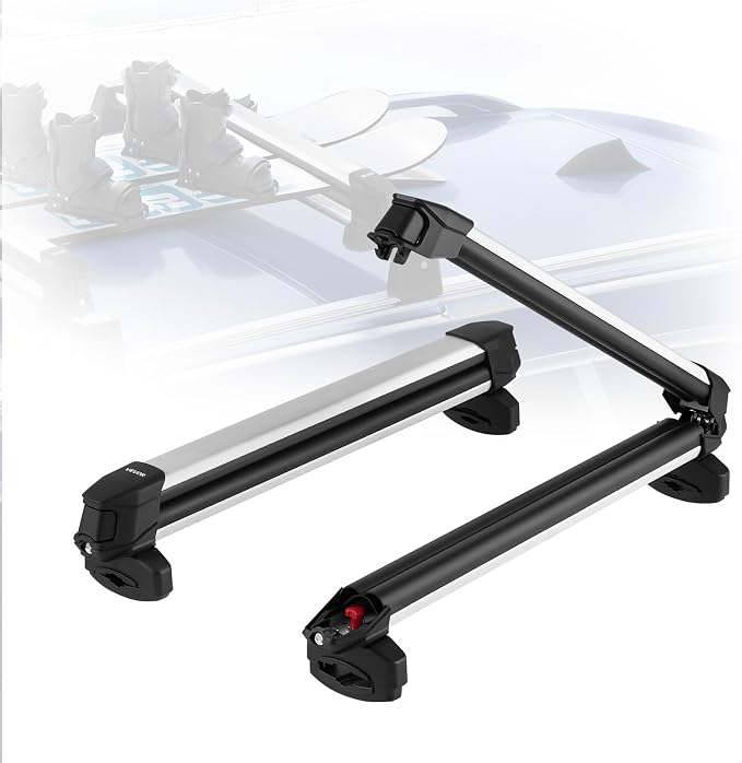VEVOR Ski & Snowboard Roof Rack, Carry up to 6 Pairs of Skis or 4 Snowboards, 2 PCS Aluminum Universal Car Roof Rack Top Holder with Lock and Rubber Padding for Fishing Pole Rod, Fit Most Crossbars