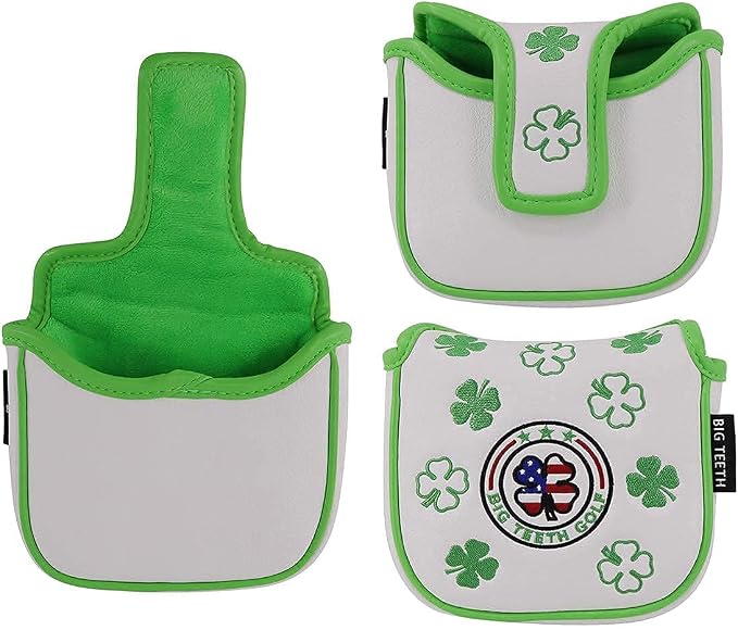 Big Teeth Golf Cover Lucky Clover Headcover Covers, Driver Fairway Wood Hybrid Headcovers Fits Blade Mallet Putter Iron and Woods with Magnetic White Shamrock Head Club Protector Leather