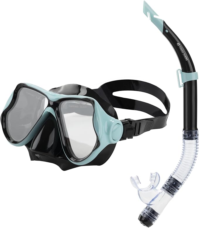 Hawaii Divers Manta Ray Adult Snorkel Set - Premium 2-Window Tempered Glass Snorkel Mask with Silicone Mouthpiece, Snorkeling Gear for Adults