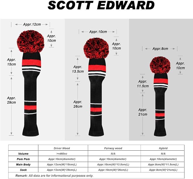 Scott Edward Golf Headcover Set of 5 PCS, Driver Wood Cover *1, Fairway Wood Cover *2, Hybrid Cover * 2, with Rotating Number Tags