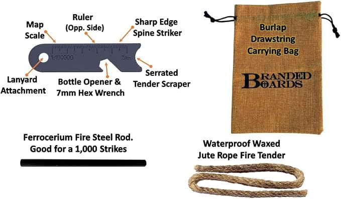 Portable Bushcraft Stainless BBQ Cooking Grill Grate, Bamboo Cutting Board, Burlap Bag, Mini Knife, Fire Starter Kits. Camping, Campfires, Backpacking, Hunting & Fishing Gear