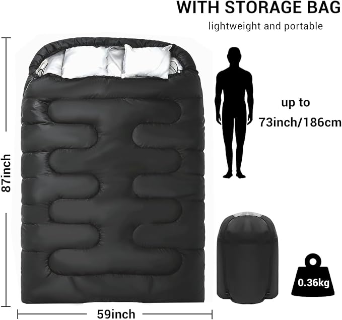 Double Sleeping Bag for Adults Camping,Bring Pillow, XL Queen Size Sleeping Bags for 2 Person Hiking Backpacking, Lightweight Waterproof with Compression Sack