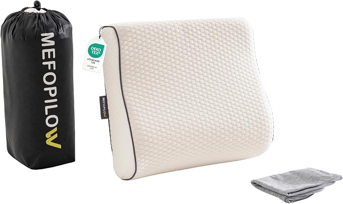 Memory Foam Travel Pillow with Washable Cover & Carry Bag – Compact, Soft & Breathable Neck Pillow for Airplane, Camping & Car (White- with Extra Gray Cotton Cover, 13.8x11.8x3.9/3.1 inches)