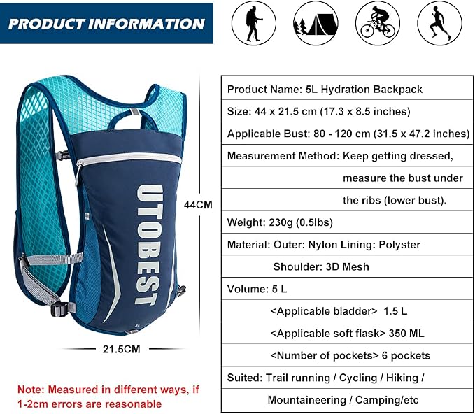 UTOBEST Running Vest, 5L Hydration Vest Lightweight, Breathable and Sweatproof Running Backpack, Adjustable Running Hydration Vest for Trail Running Marathon Race Jogging Cycling