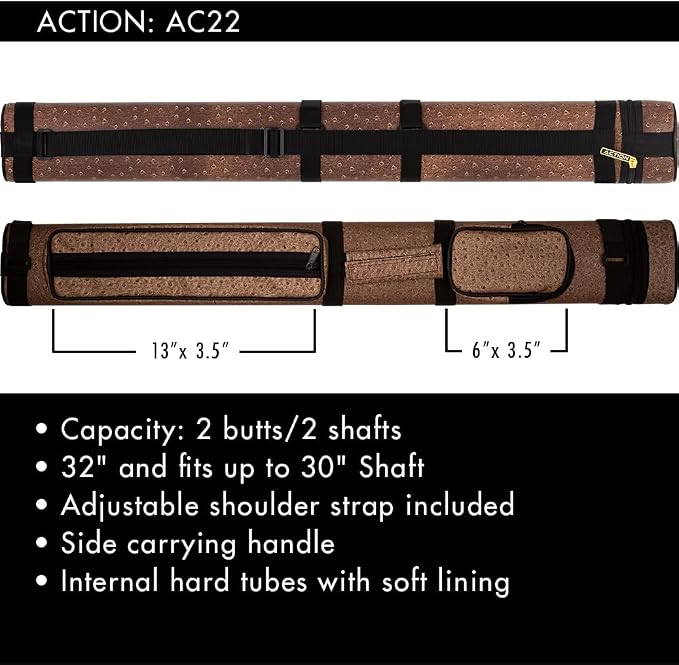 Action 34" Long Pool Cue Hard Carrying Case - Holds 2 Butts & 2 Shafts, Separate Molded Tubes, Large Zippered Accessory Pockets, Adjustable 1" Vinyl Carrying Strap, Fits up to 32" Shaft or Butt