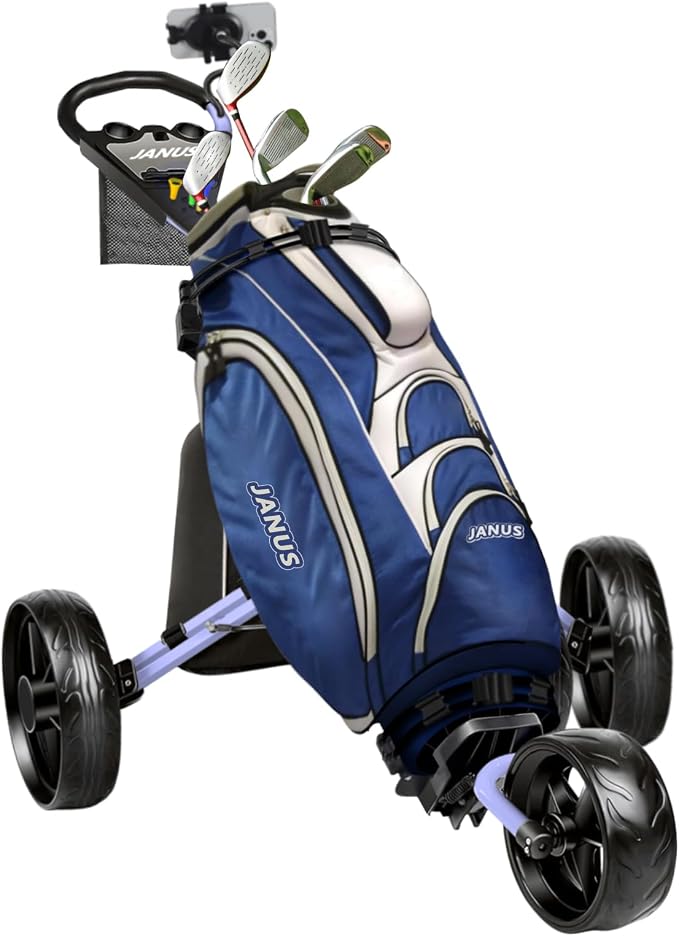 JANUS Golf Push Cart 3 Wheel, Foldable with One-Click Folding, Compact Golf Bag Cart, Wide EVA Wheels, Foot Brake, Elastic Wing Straps, Cooler Bag, Phone Holder or Gooseneck Holder