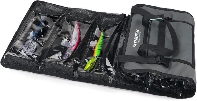THKFISH Big Bait Bag, Roll-Up Large Trolling Lure Bag for Big Baits with 7 or 8 Heavy Duty PVC Protective Cover Pockets, Mesh Cleaning & Drying Tabs