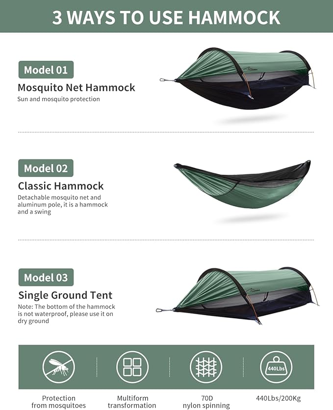 Camping Hammock Tent with Heavy Duty Carabiner Clips, Lightweight Hanging Hammocks Tree Straps, Bivvy Ground Tent for Outside, Hiking, and Travel