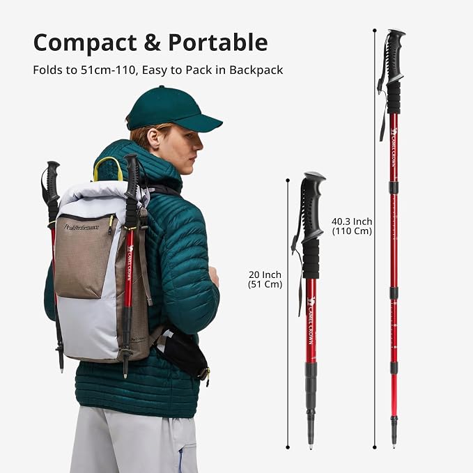 CAMEL CROWN Trekking Poles 2 Pack, Lightweight Hiking Poles for Men Women, 20-43in Adjustable Walking Sticks with Tungsten Carbide Tip & Shock-Absorbing PVC Grip, Backpacking Camping