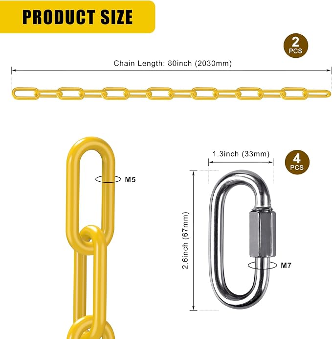 BeneLabel 2Pcs 100" Coated Swing Chain with Carabiners 1000 LBs Capacity Heavy Duty Hanging Chains Porch Swing Chains with Hooks Yellow Chain for Hammock Chairs, Tree Swing, Hanging Chair, Heavy Bags