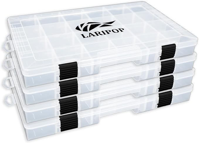 LARIPOP 4-Pack 3700 Fishing Tackle Boxes, Clear Plastic Storage Trays with Adjustable Dividers, Organizer for Lures, Hooks, Sinkers, Jigs & Fishing Accessories