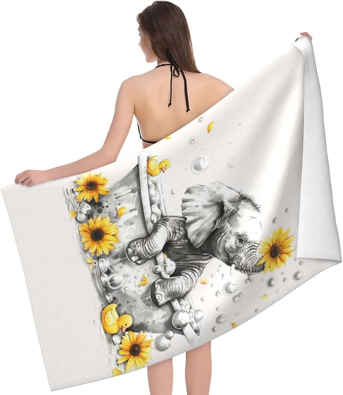 Cute Elephant Beach Towel, 32x52in Microfiber Quick Dry Gold Bathtub Sunflower White Bath Towels, Soft Lightweight Oversized Sand Free, for Travel Pool Swimming Gym Decor, Gifts