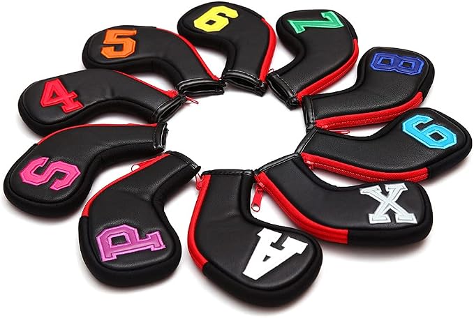 Colorful Number Golf Iron Head Covers Iron Headovers Wedges Covers 4-9 ASPX 10pcs (Black with Zipper)