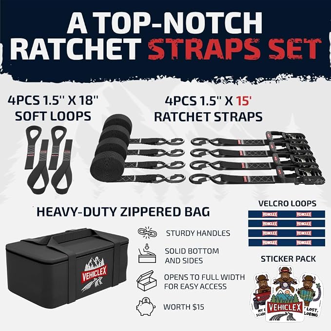 Vehiclex 1.5" x 15 ft 4,400 lb Heavy Duty Ratchet Tie Down Straps with Soft Loops – 4PK for Cargo & Equipment – Black