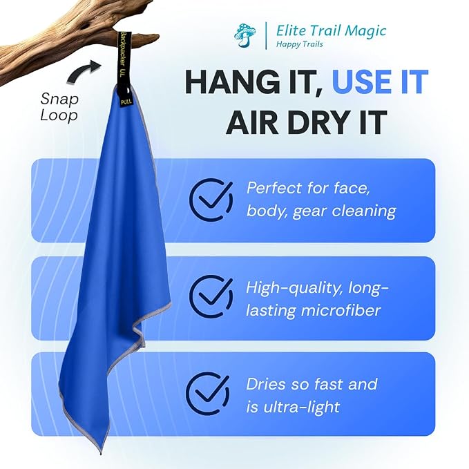 Elite Tail Magic -4 Pack - Lightweight Soft Compact Travel Towel | Quick Drying Backpacking Towel Ultralight with Loop Strap | Sport and Gym Microfiber Face Cloth Yoga | Small 12.5 x 9.9 inches