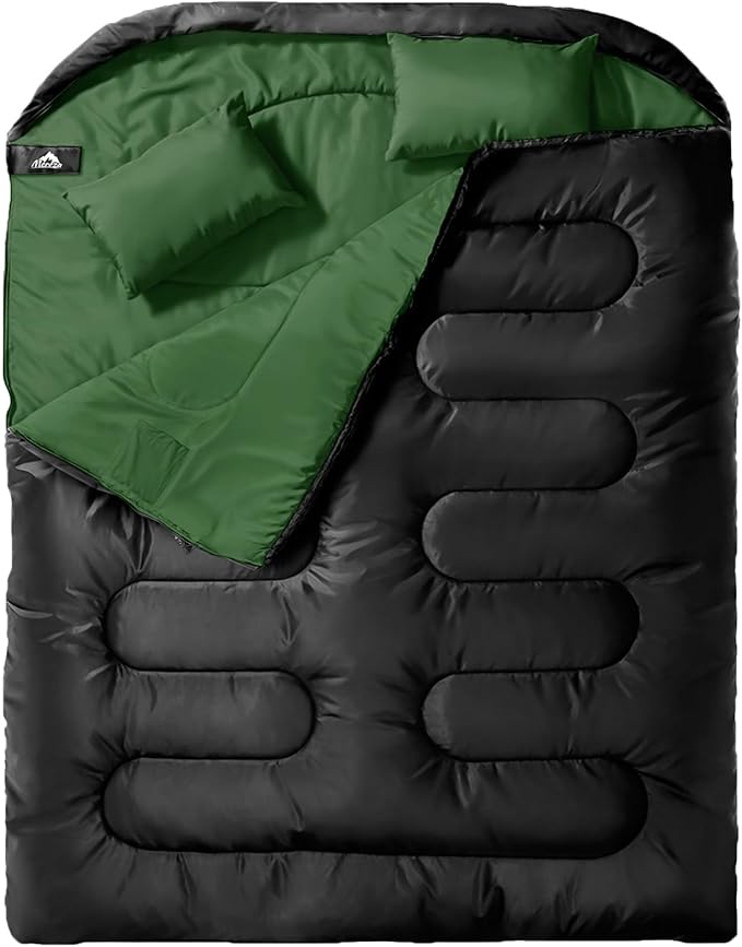 MEREZA Double Sleeping Bag for Adults Mens with Pillow, XL Queen Size Two Person Sleeping Bag for All Season Camping Hiking Backpacking 2 Person Sleeping Bags for Cold Weather & Warm