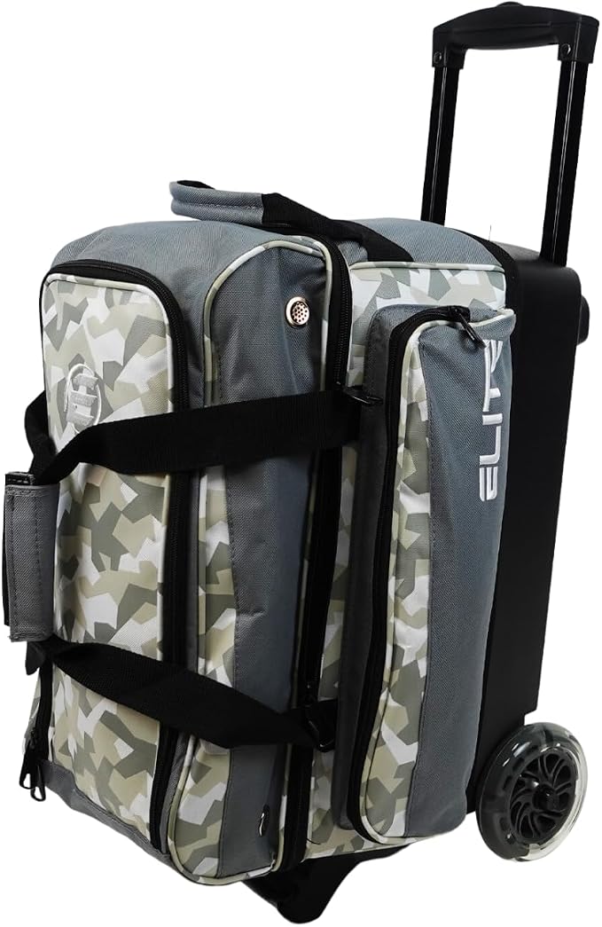 ELITE Deluxe 2 Ball Bowling Bag with 5" Smooth Wheels - Large Accessory Pocket, Shoe Compartment, 36" Extendable Handle